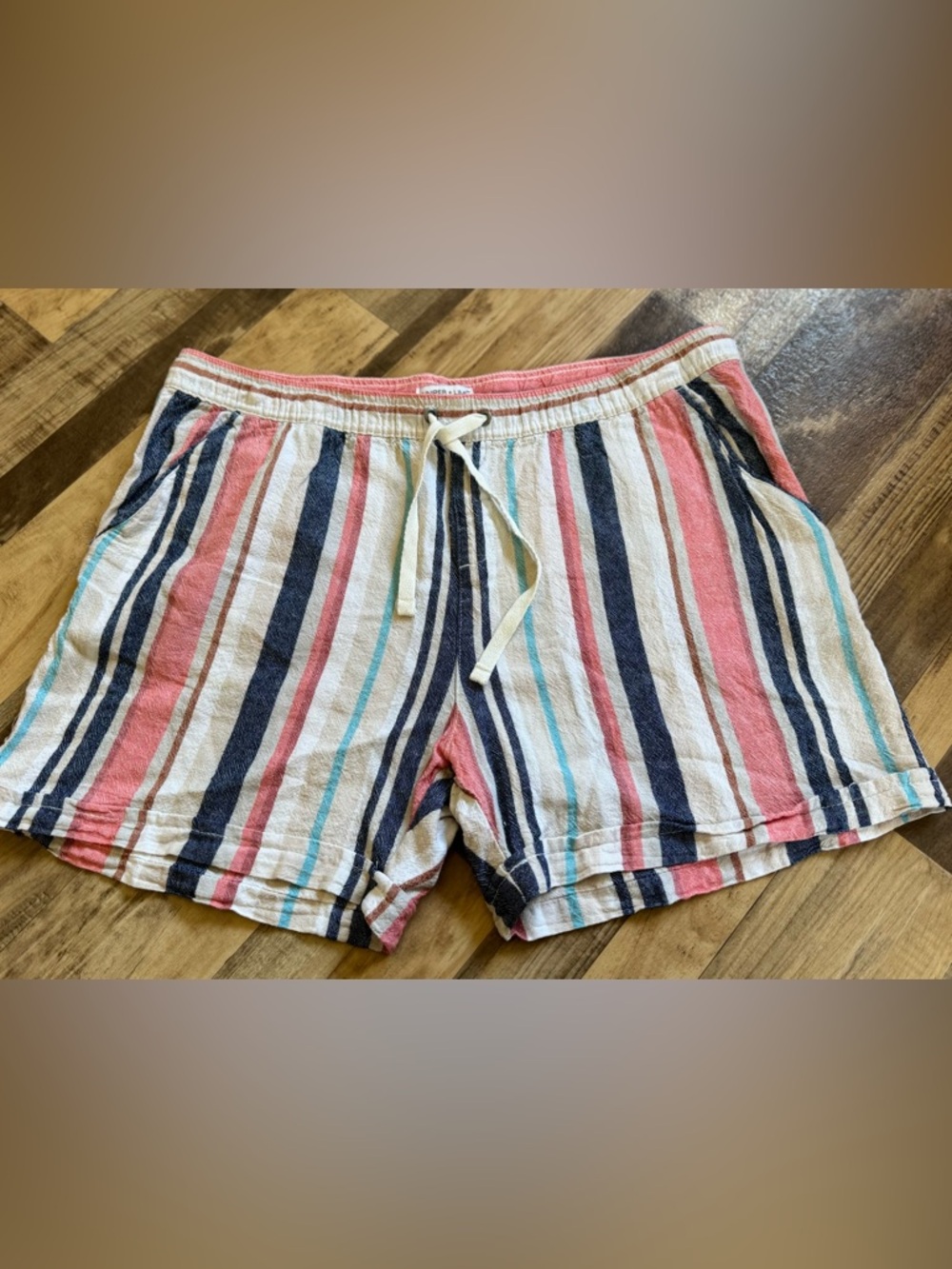 High-Waist Striped linen blend drawstring shorts Pink, Navy & White size large